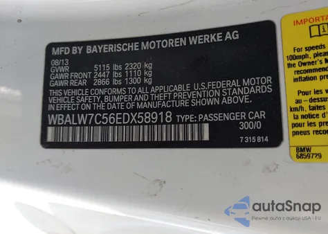 2014 BMW 640I из США, поврежденный, VIN WBALW7C56EDX58918